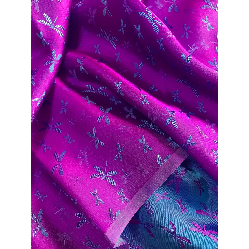 Purple silk with Navy Dragonfly patterns - PURE MULBERRY SILK fabric by the yard - Gragonfly silk -Luxury Silk - Natural silk - Handmade in VietNam