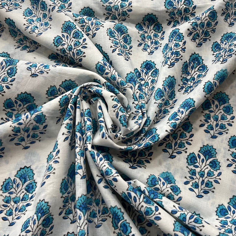 White Blue Sangeneri Hand Block Cotton Printed