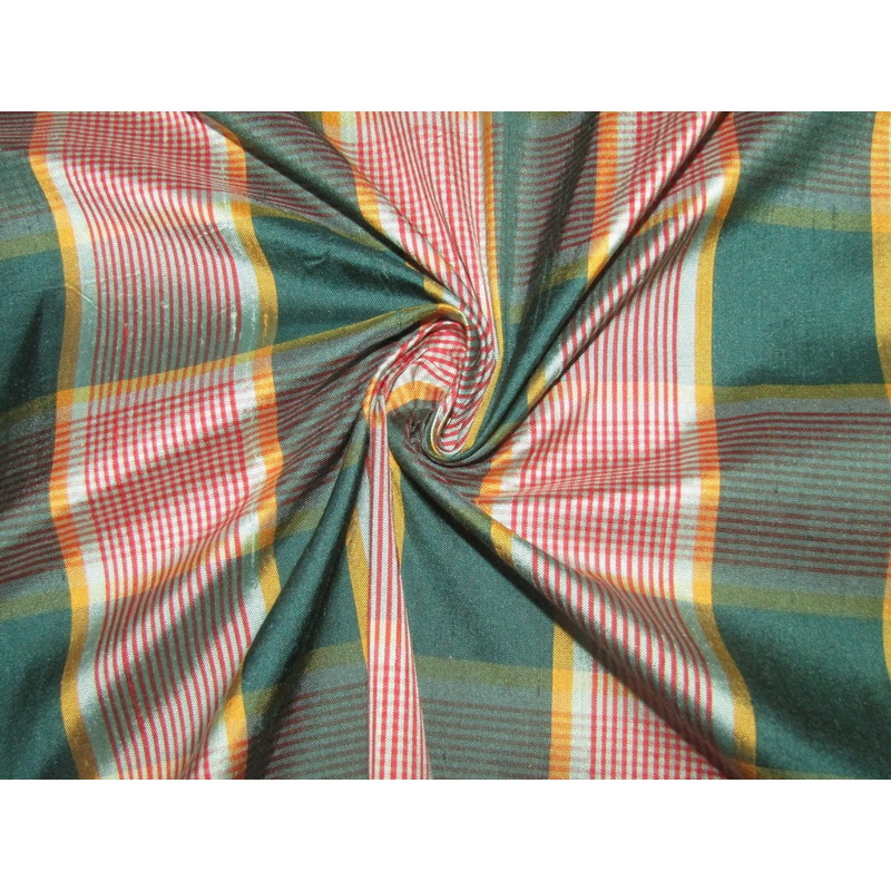 100% silk dupion red green plaids fabric 54" wide