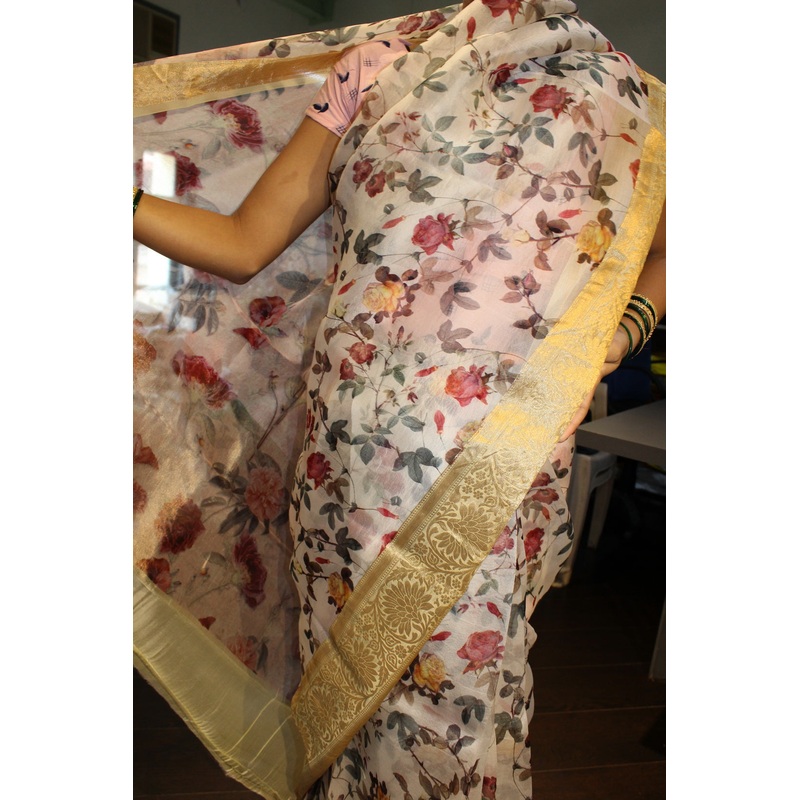 100% SILK ORGANZA Indian sari with jacquard border