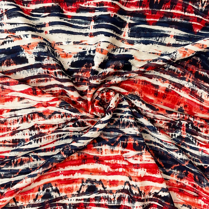 Red-Multi Poly Abstract Chevron Printed Knife Pleat Knit Fabric