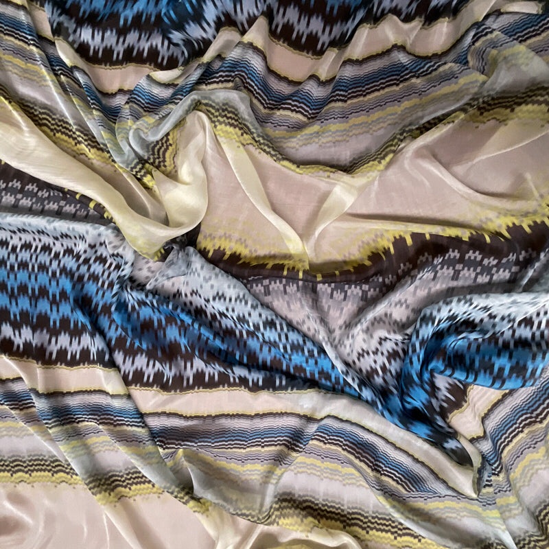 Yellow Silk Abstract Ikat Printed Chiffon Woven Fabric