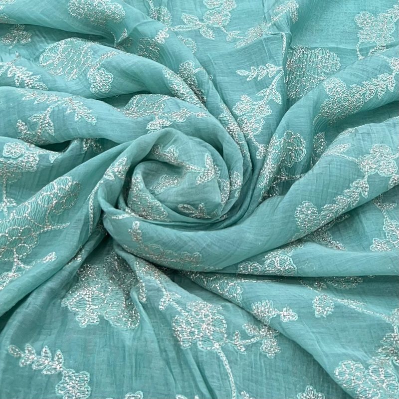Sea Green Floral Jal Zari Mul Chanderi Embroidery