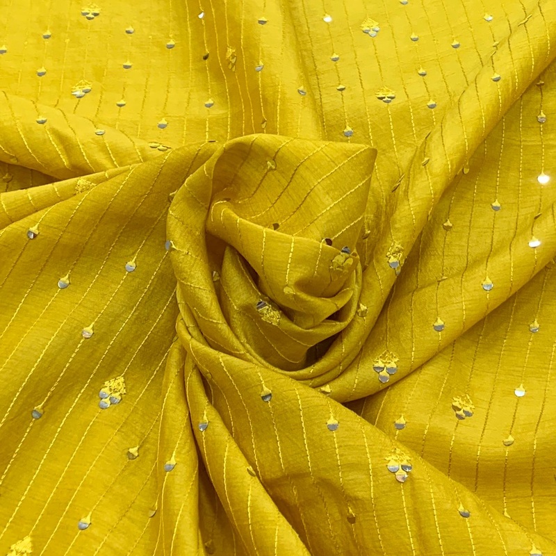 Yellow Flower Sequins Thread Slub Silk Embroidery