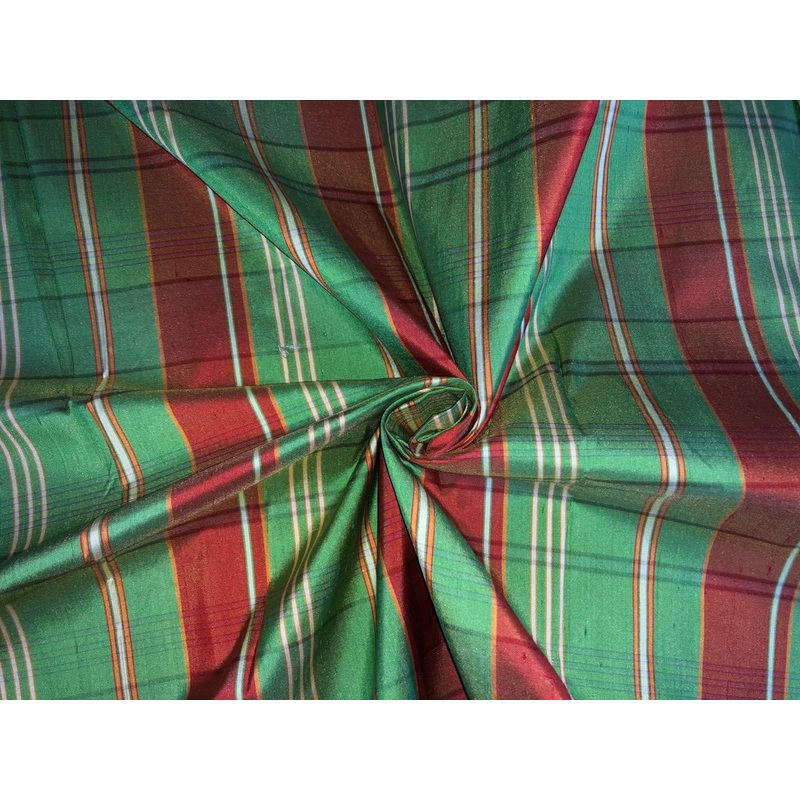 100% PURE SILK DUPIONI FABRIC PLAIDS APPLE GREEN AND RUSTY ORANGE COLOR 54" WIDE single length 4.50 yds DUPcutC16