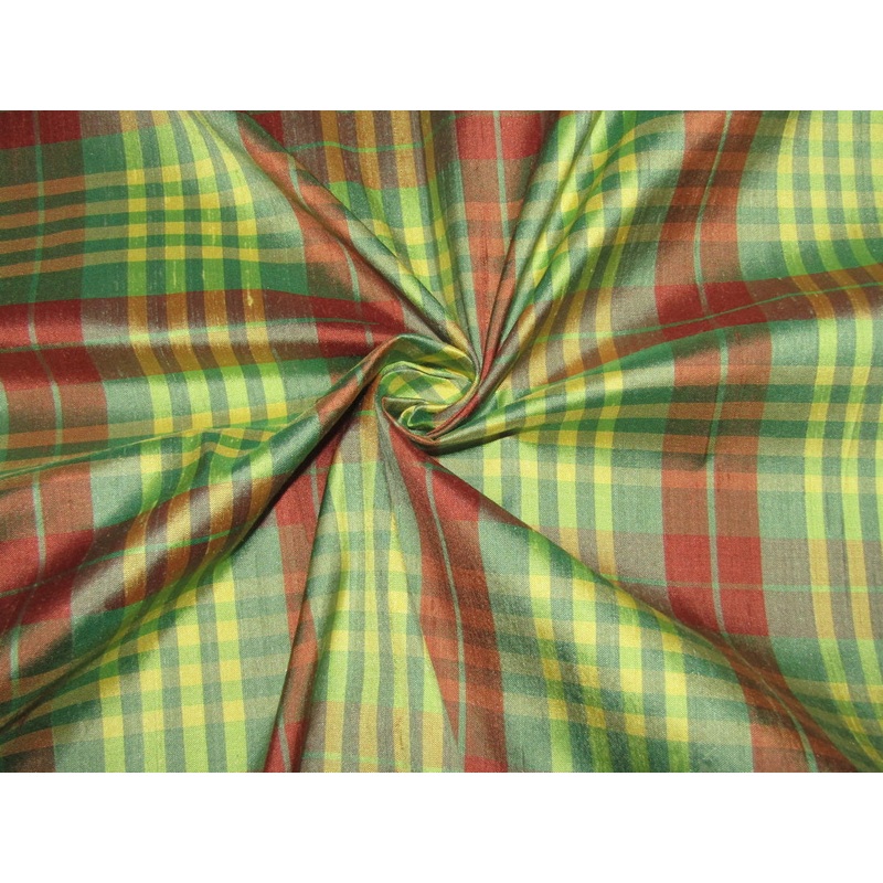 100% silk dupion green yellow and orange Plaids Fabric 54" wide