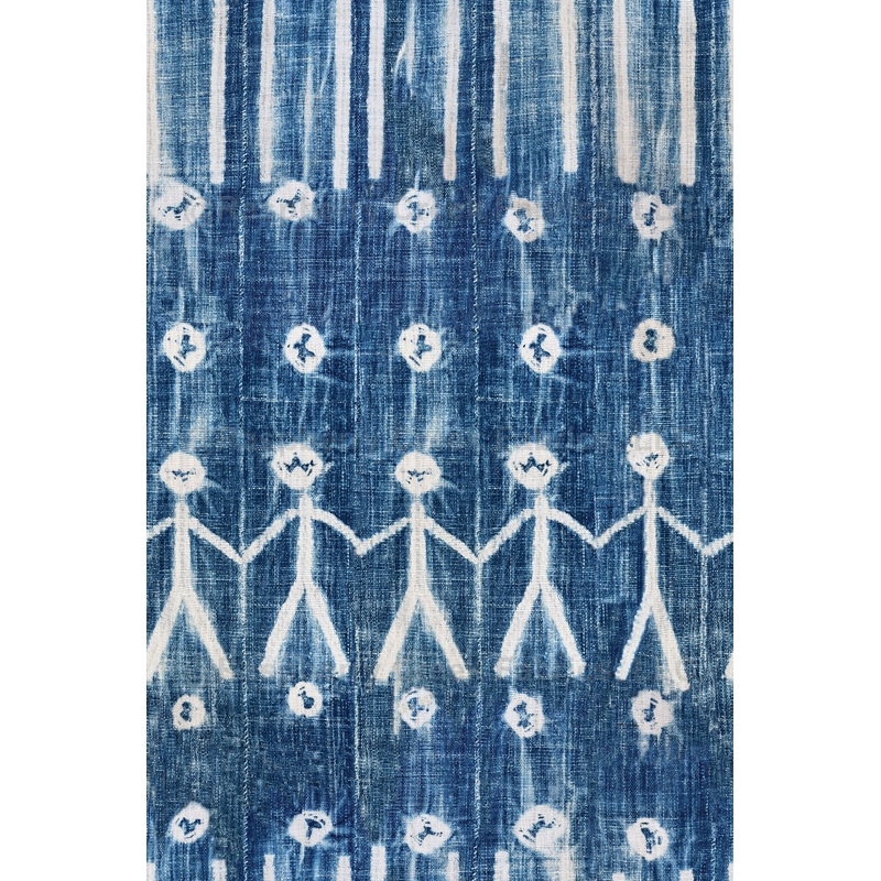 Shibori dyed, blue and white, Indigo blue, stick people, Primitive, hand dyed look, novelty denim, blue denim tie dye, ethnic design, casual style