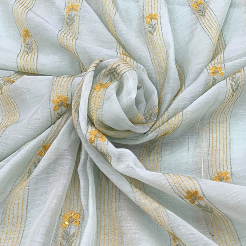 Sea Green Flower Mul Chanderi Embroidery