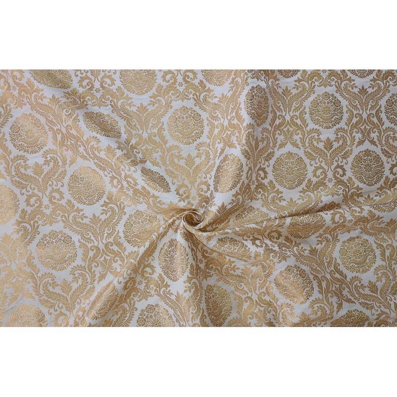 Silk Brocade fabric 44" wide with metallic gold jacquard available in 4 colors ivory, lilac, peach and BRO805 Ivory x metalic gold