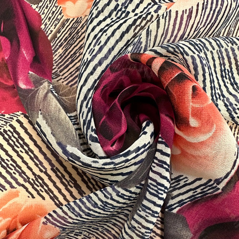 Red Rose Floral Print Poly Chiffon Fabric