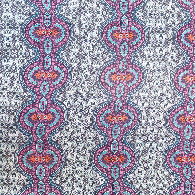 3 1/4 YD PC-Blue-Orange-Aqua-Hot Pink Circle Medallion Print Silk Chiffon Designer Remnant Fabric