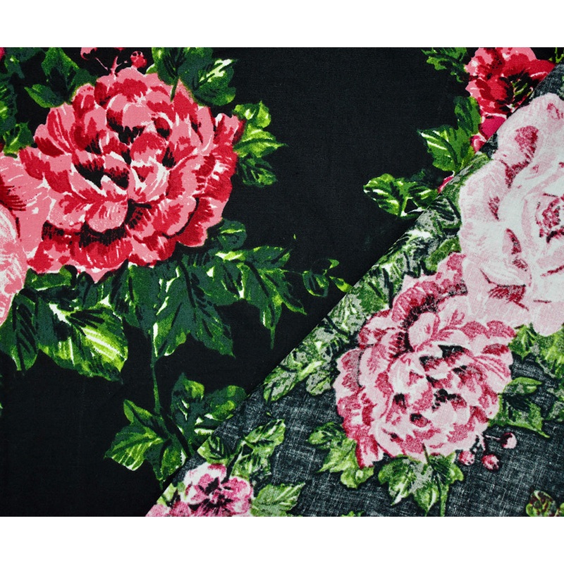 Black-Red-Multi Cotton Floral Printed Stretch Spandex Poplin Woven Fabric