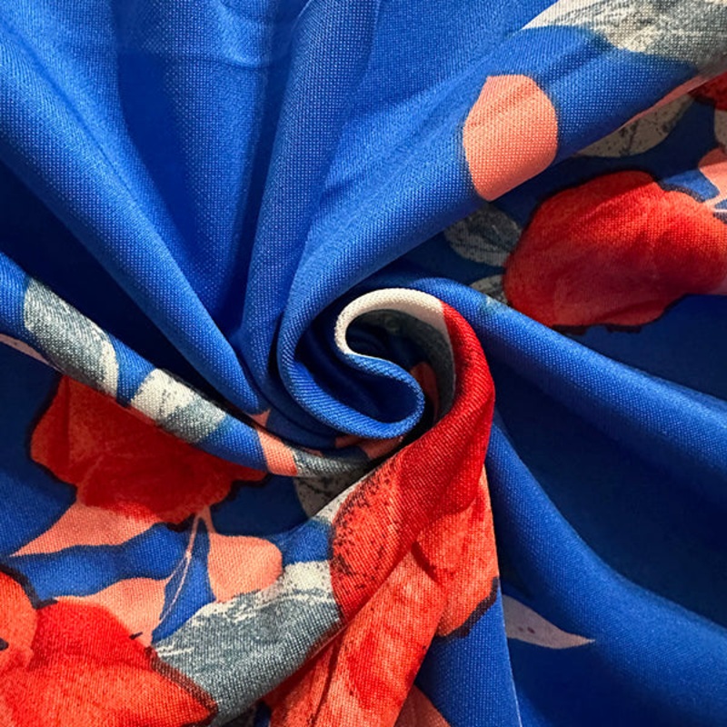 Red Rose Print on Royal Blue Scuba Knit Fabric