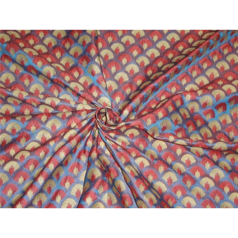 SILK BROCADE FABRIC BLUE,BEIGE X RED COLOR 44"INCH