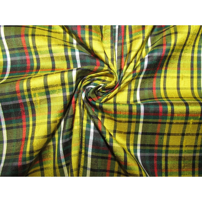 100% silk dupion yellow black red white plaids fabric 54" wide