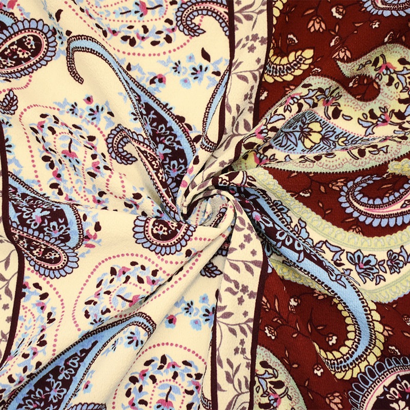 Red-Blue-Multi Poly Paisley Border Printed Pebble Crepe Woven Fabric