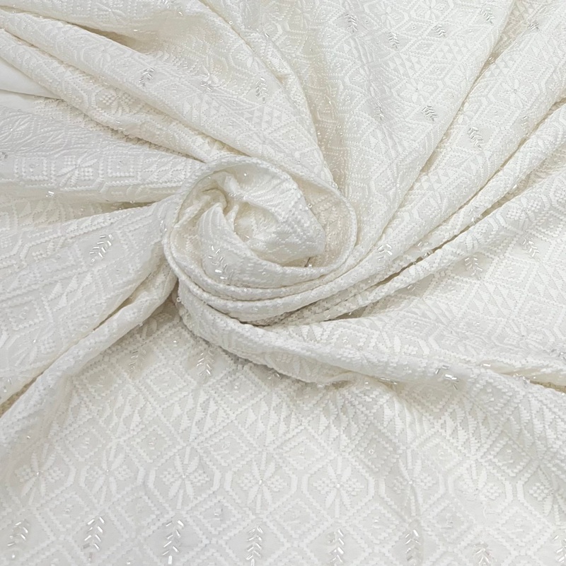 White Geometric Cut Dana Slub Silk Embroidery
