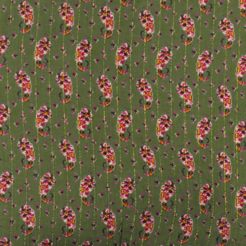 1 1/2 YD PC-Olive-Multi Famous Designer Floral Printed Metallic Stripe Chiffon Fabric