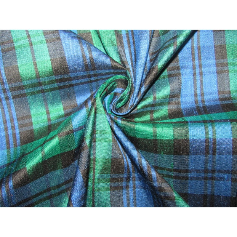 100% silk dupion green blue Scottish Plaids fabric 54" wide
