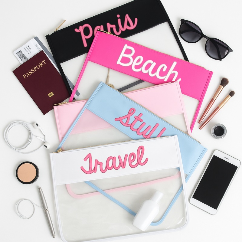Personalized Clear Zipper Pouch Bags with Embroidery - Customized With Name or Words