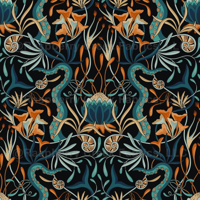 Retro Ocean Art Nouveau Dreamlike Sea Creatures in Black and Teal
