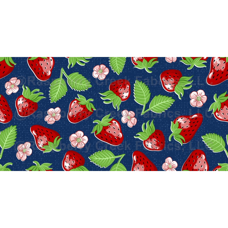 Strawberries and Blossoms on Navy Blue Fabric - Hand Painted Strawberry Fruit Floral