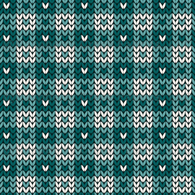 Faux Knitted Wool Gingham with 3 Color Hearts Retro Folk Nordic Warm Grandpa Style Teal