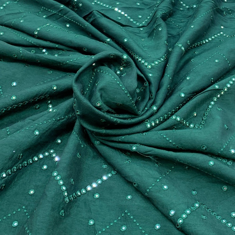 Bottle Green Slub Silk Mirrorwork Embroidery