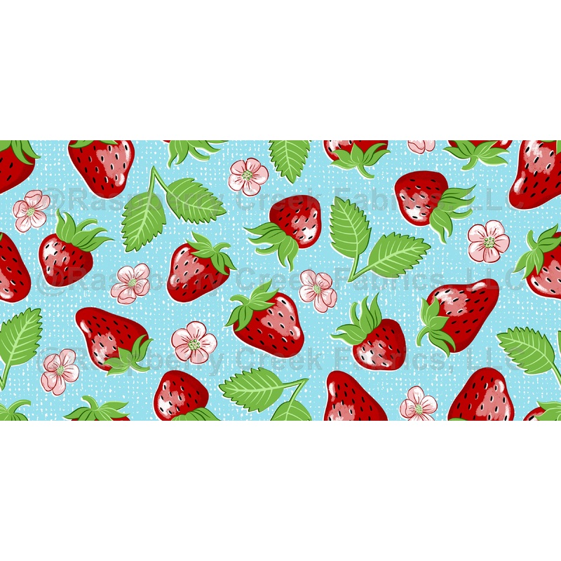 Strawberries and Blossoms on Lt. Aqua Blue Wallpaper - Hand Painted Strawberry Fruit Floral