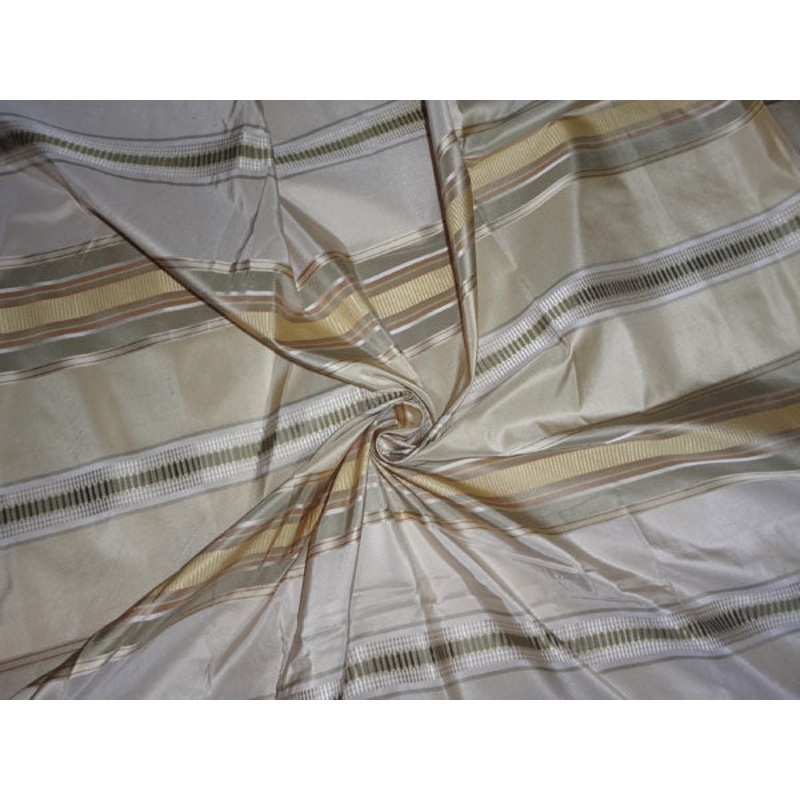 SILK TAFFETA FABRIC GOLD,CREAM & GREEN COLOR WITH SATIN STRIPES 54" wide