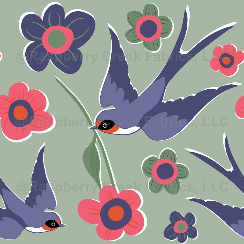 Swallow bird with flowers on green - Wallpaper