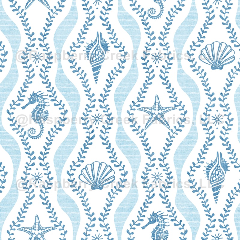 Seahorses Shells And Starfish And Wavy Seaweed In Shades Of Blue