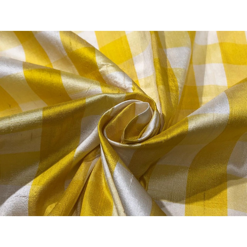 100% PURE SILK DUPIONI FABRIC PLAIDS YELLOW AND WHITE COLOR 54" WIDE single length 3.25 yds DUPcutC10