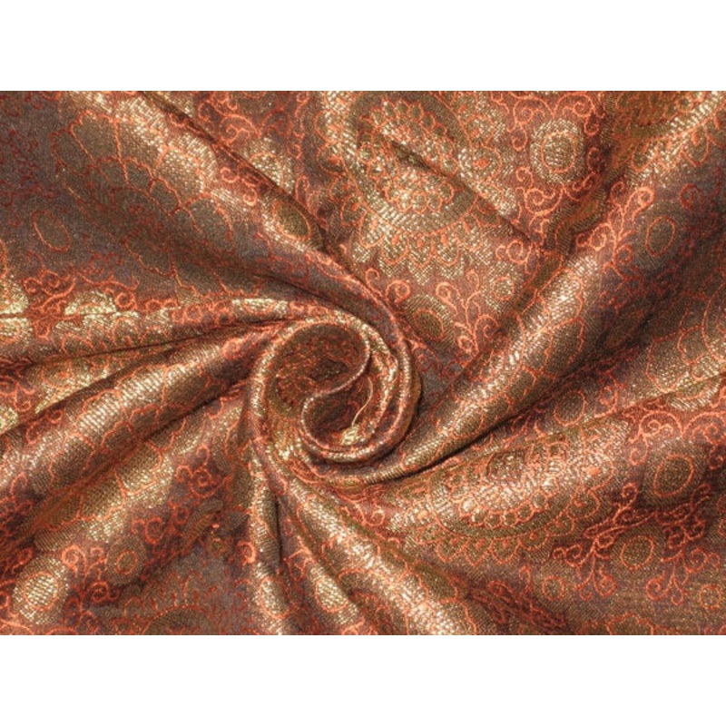 Spun Silk Brocade fabric Orange,Black & Metallic Gold 44"