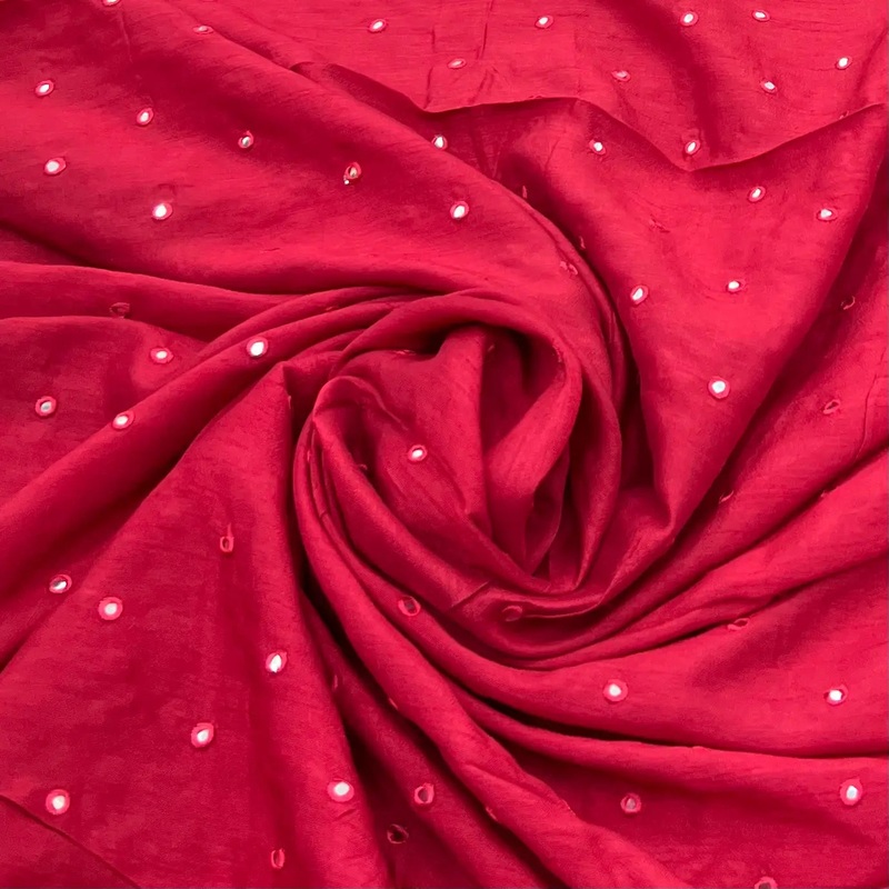 Red Mirrorwork Slub Silk Embroidery