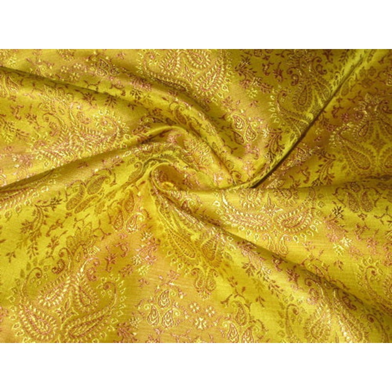 Silk Brocade Fabric Dark Lime Yellow & Dark Salmon