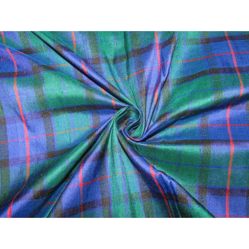 100% silk dupion blue green red Scottish tartan Plaids fabric 54" wide