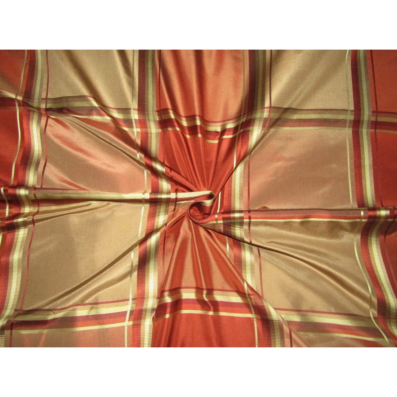 100% SILK TAFFETA FABRIC rust x gold Plaids 54" wide TAFC55