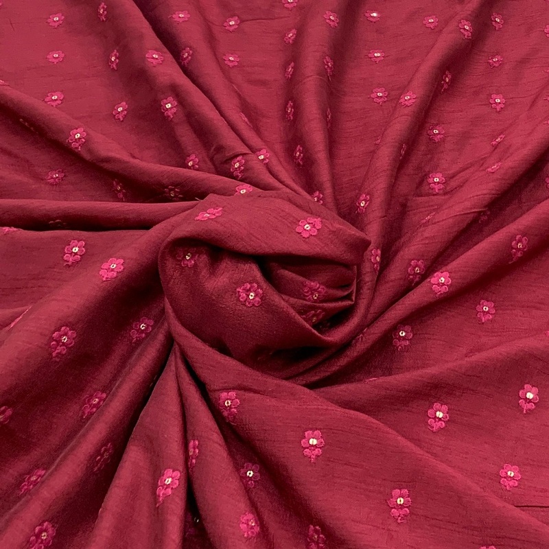 Deep Red Flower Butti Slub Silk Embroidery