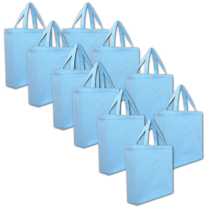 10 Pack of Blank Canvas Tote Bags - Light Blue - 100% Cotton- 14.5x17x3