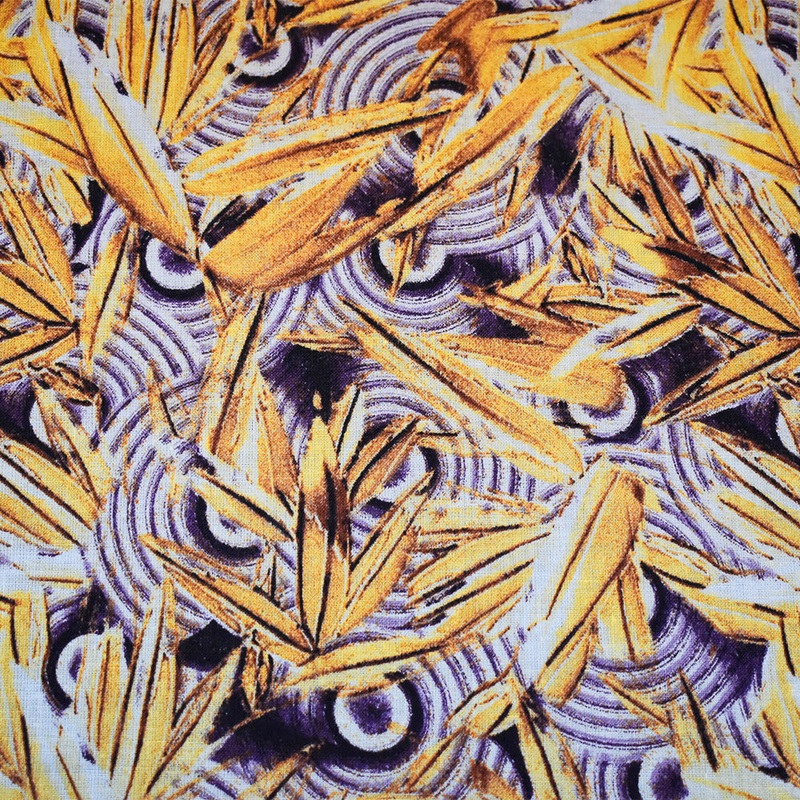Purple-Yellow-Multi Abstract Whirl Leaf Pattern Printed Linen Woven Fabric