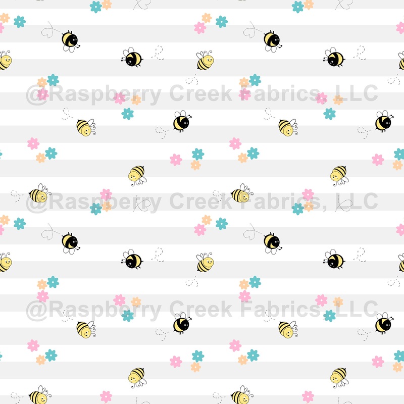 Sweet Bee & Floral Stripe Design In Soft Pastel Gray Pink Teal And Yellow