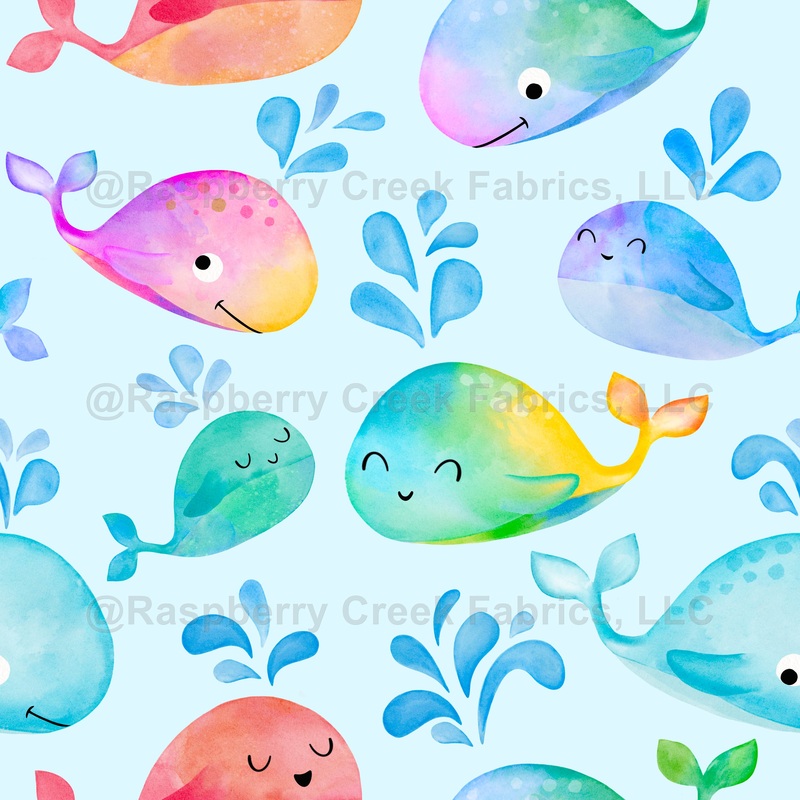 Rainbow Watercolor Whales Light Blue