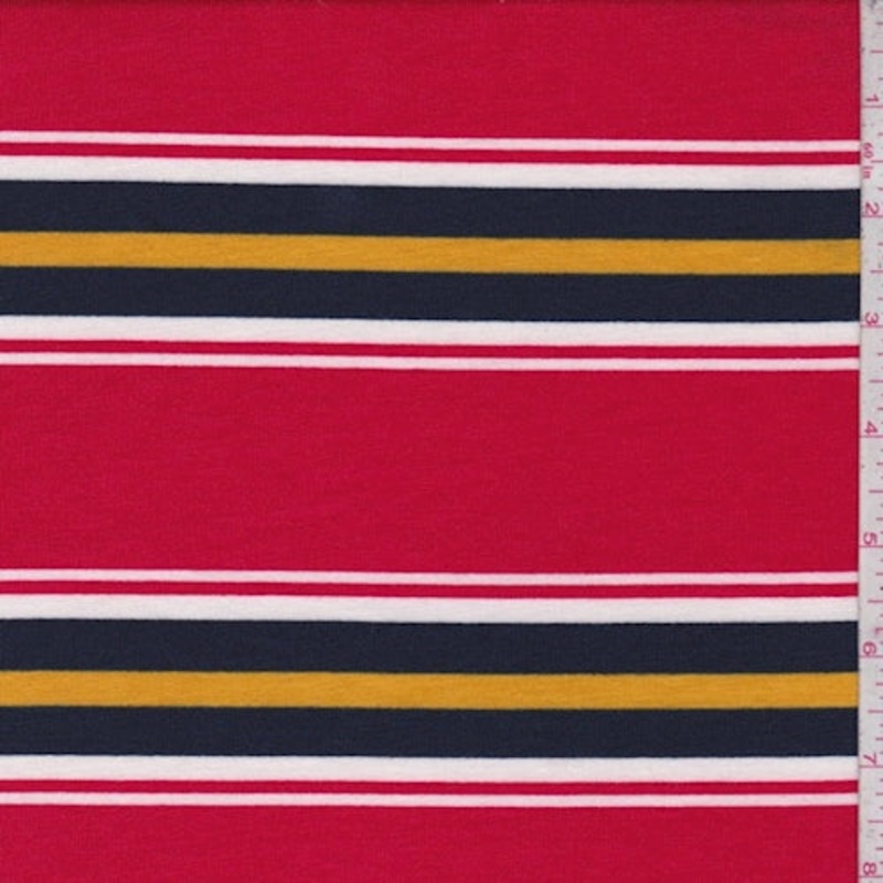 Red/Navy/Gold Stripe Double Brushed French Terry Knit Fabric