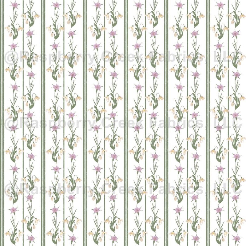 Sage Lilac and Cream Vertical Stripe Floral Print Fabric, Quite Contrary by Bri Powell