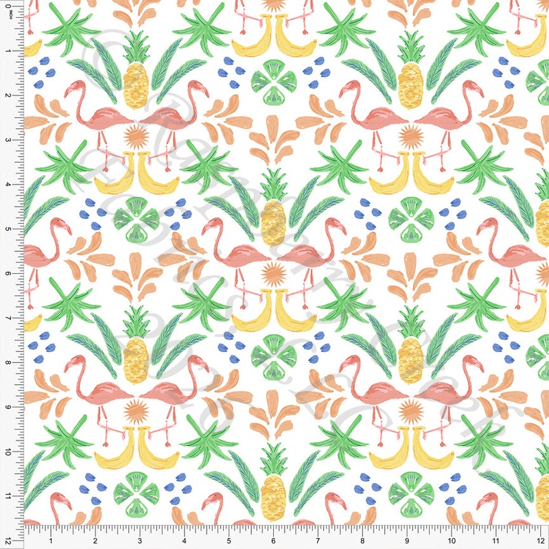 Yellow Salmon Orange Green Periwinkle Tropical Flamingo Damask Fabric, Juicy Summer by Nice To Michiyo Designs for CLUB Fabrics