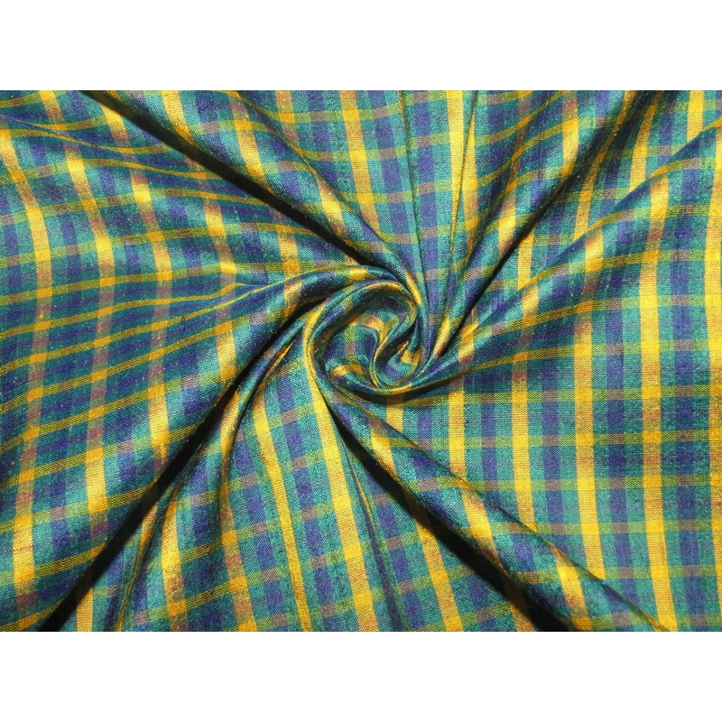 100% silk dupion yellow blue and green Plaids fabric 54" wide