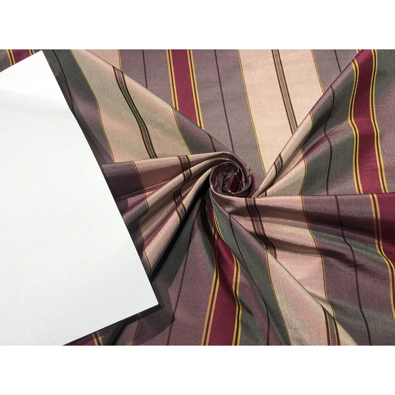 100% PURE SILK DUPIONI FABRIC stripes shades of mulberry,grey and mustard COLOR 54" WIDE single length 4.85 yds DUPcutS5