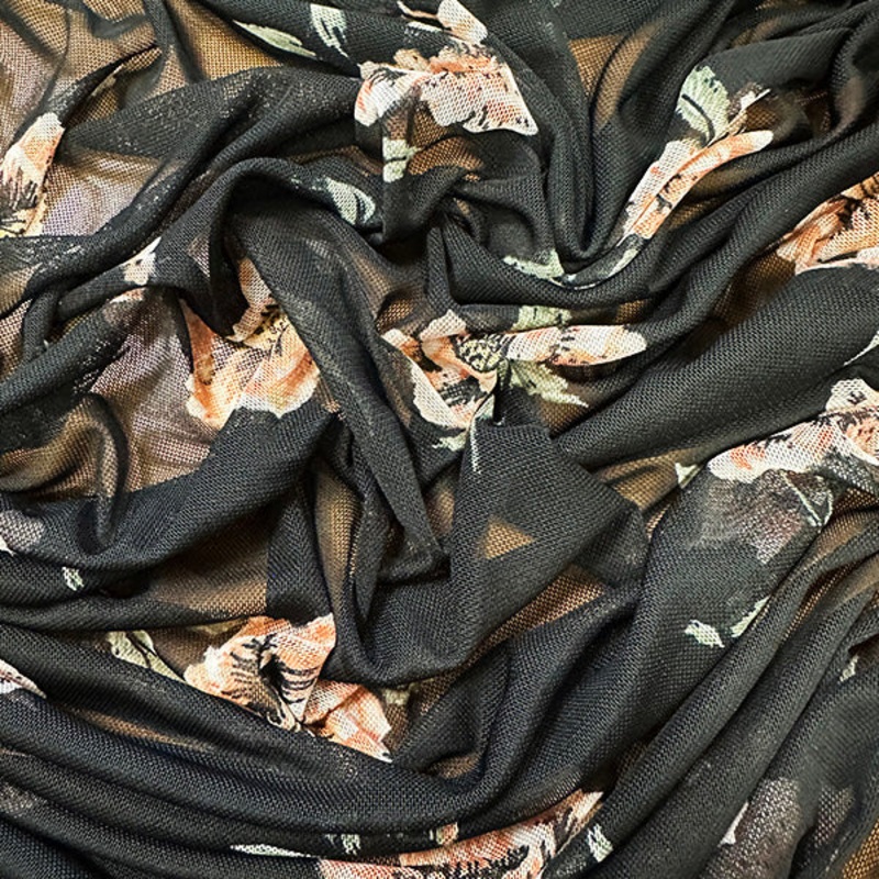 Peach on Black Floral Print Stretch Mesh Fabric