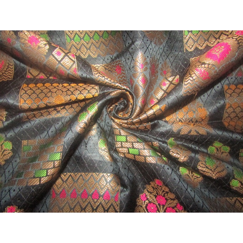 Silk Brocade fabric navy and metallic gold 44" BY THE YARD